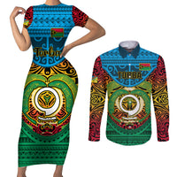 Vanuatu Torba Province Couples Matching Short Sleeve Bodycon Dress and Long Sleeve Button Shirts Vanuatuan Coat Of Arms Polynesian Pattern LT05 Green - Polynesian Pride