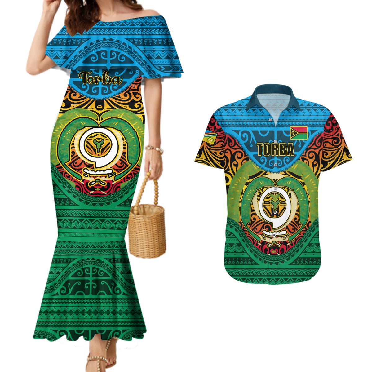 Personalized Vanuatu Torba Province Couples Matching Mermaid Dress and Hawaiian Shirt Vanuatuan Coat Of Arms Polynesian Pattern LT05 Green - Polynesian Pride