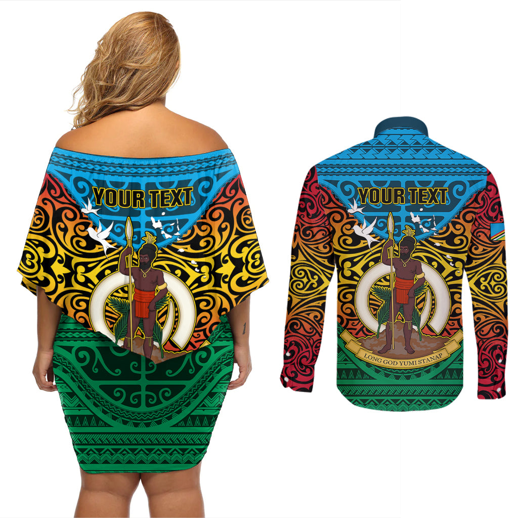 Personalized Vanuatu Torba Province Couples Matching Off Shoulder Short Dress and Long Sleeve Button Shirts Vanuatuan Coat Of Arms Polynesian Pattern LT05 - Polynesian Pride