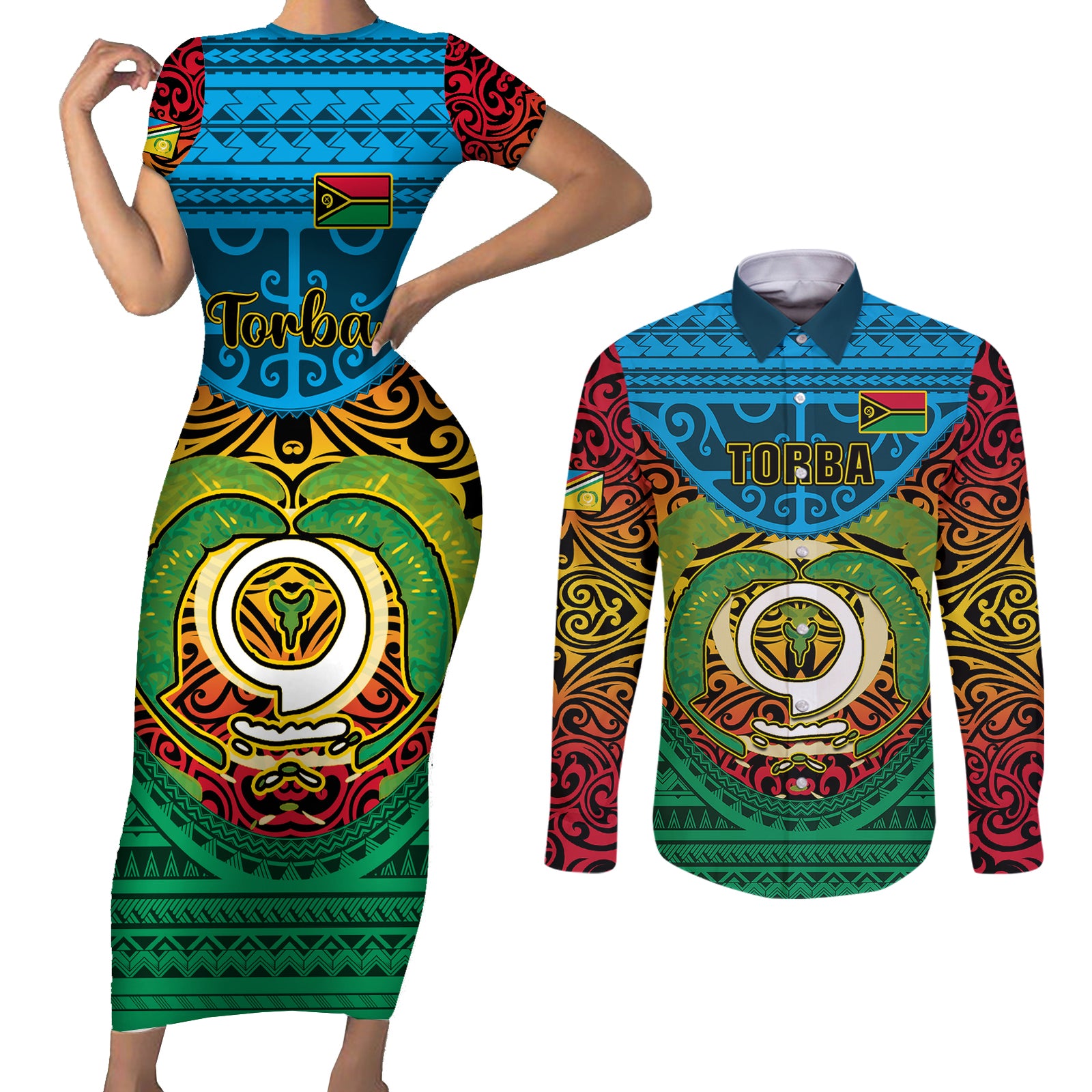Personalized Vanuatu Torba Province Couples Matching Short Sleeve Bodycon Dress and Long Sleeve Button Shirts Vanuatuan Coat Of Arms Polynesian Pattern LT05 Green - Polynesian Pride