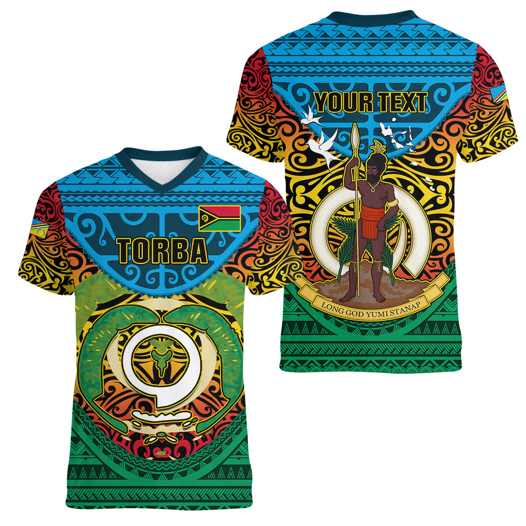 Personalized Vanuatu Torba Province Women V Neck T Shirt Vanuatuan Coat Of Arms Polynesian Pattern LT05 - Polynesian Pride