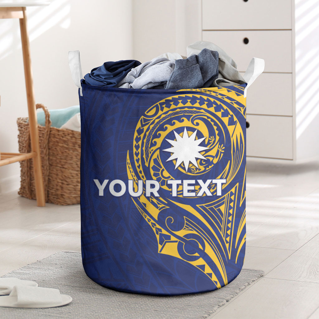 Personalised Nauru Angam Day Laundry Basket Gold Navy Tribal Pattern