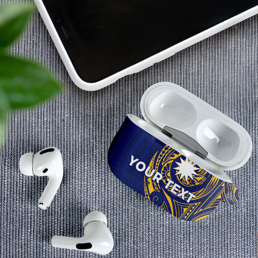 Personalised Nauru Angam Day AirPods Case Gold Navy Tribal Pattern