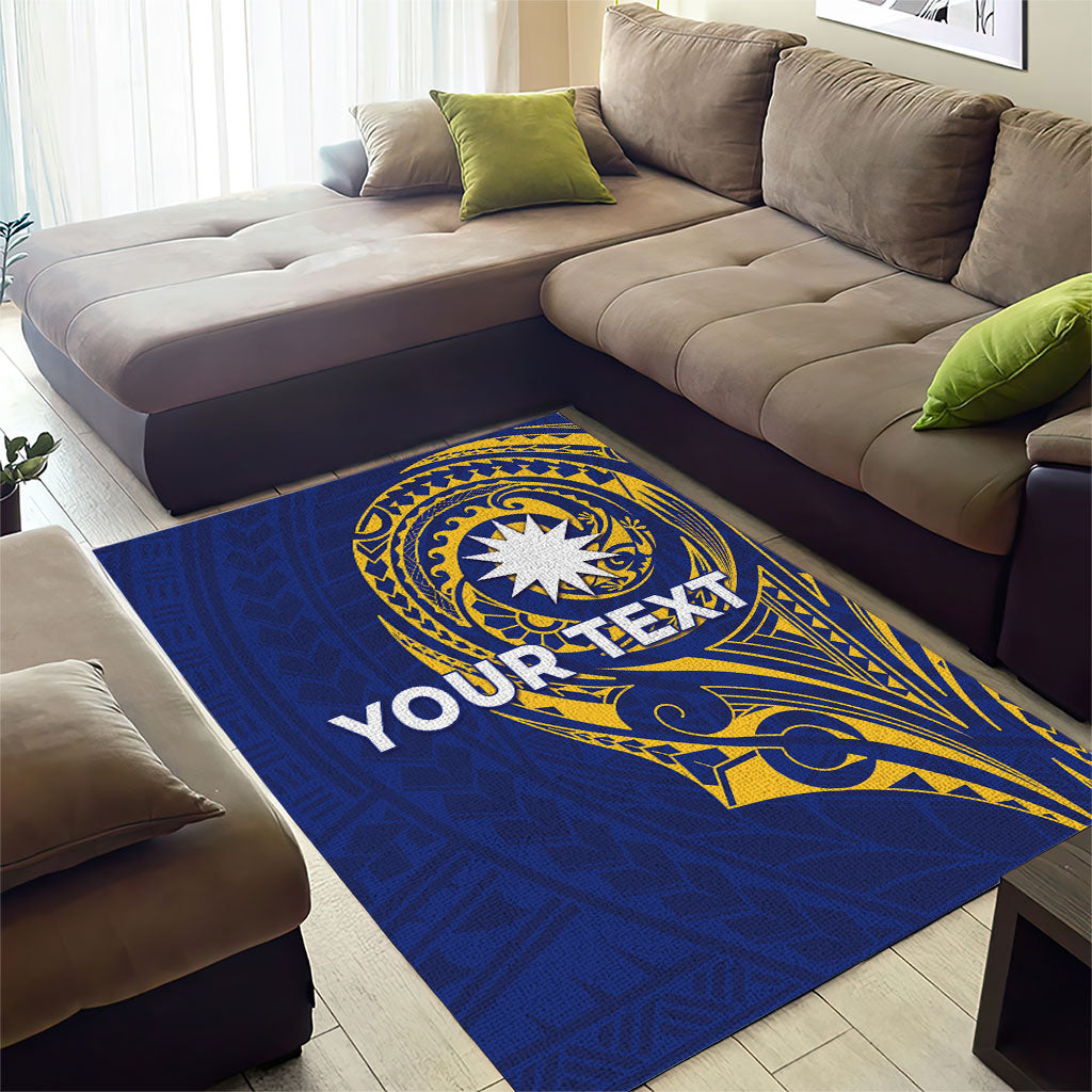 Personalised Nauru Angam Day Area Rug Gold Navy Tribal Pattern