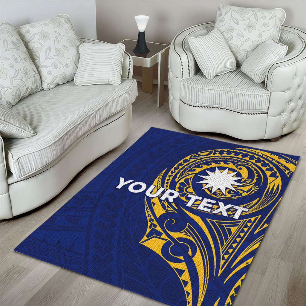 Personalised Nauru Angam Day Area Rug Gold Navy Tribal Pattern