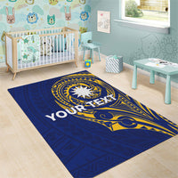 Personalised Nauru Angam Day Area Rug Gold Navy Tribal Pattern