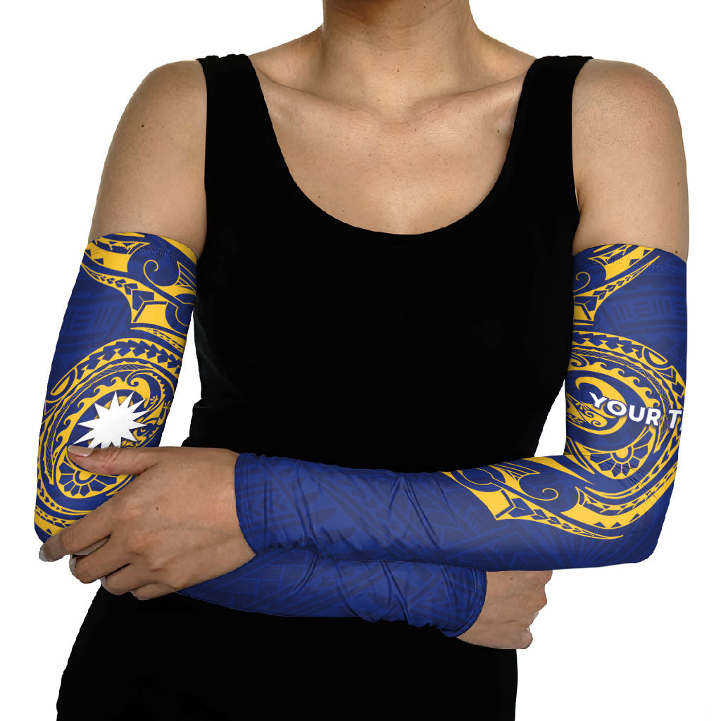 Personalised Nauru Angam Day Arm Sleeves Gold Navy Tribal Pattern