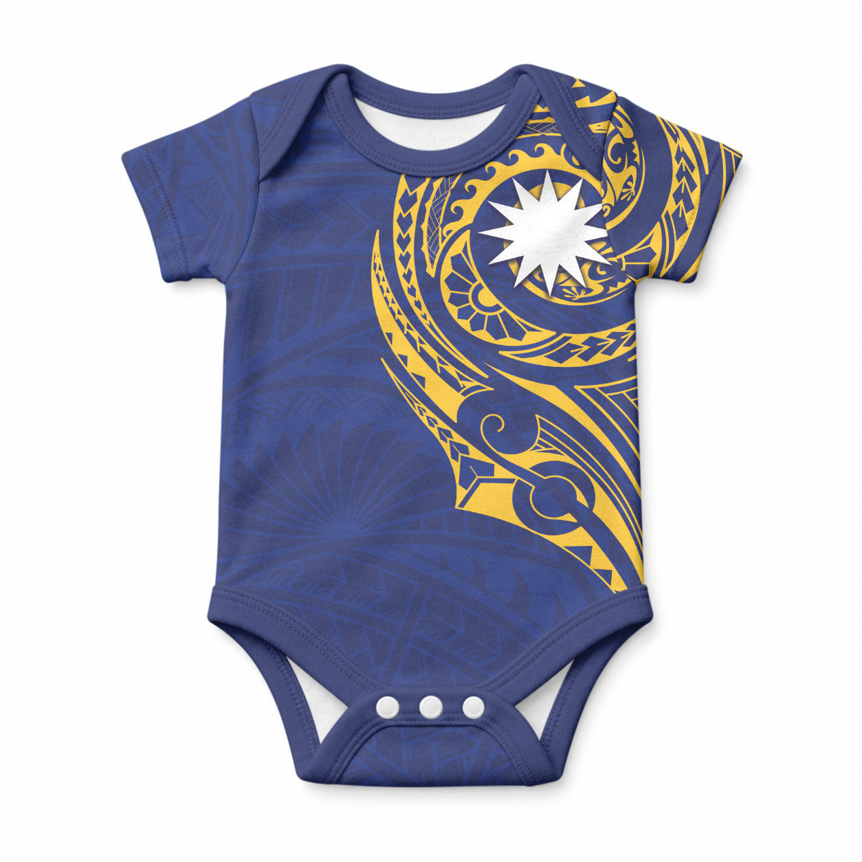 Personalised Nauru Angam Day Baby Onesie Gold Navy Tribal Pattern LT05 Blue - Polynesian Pride