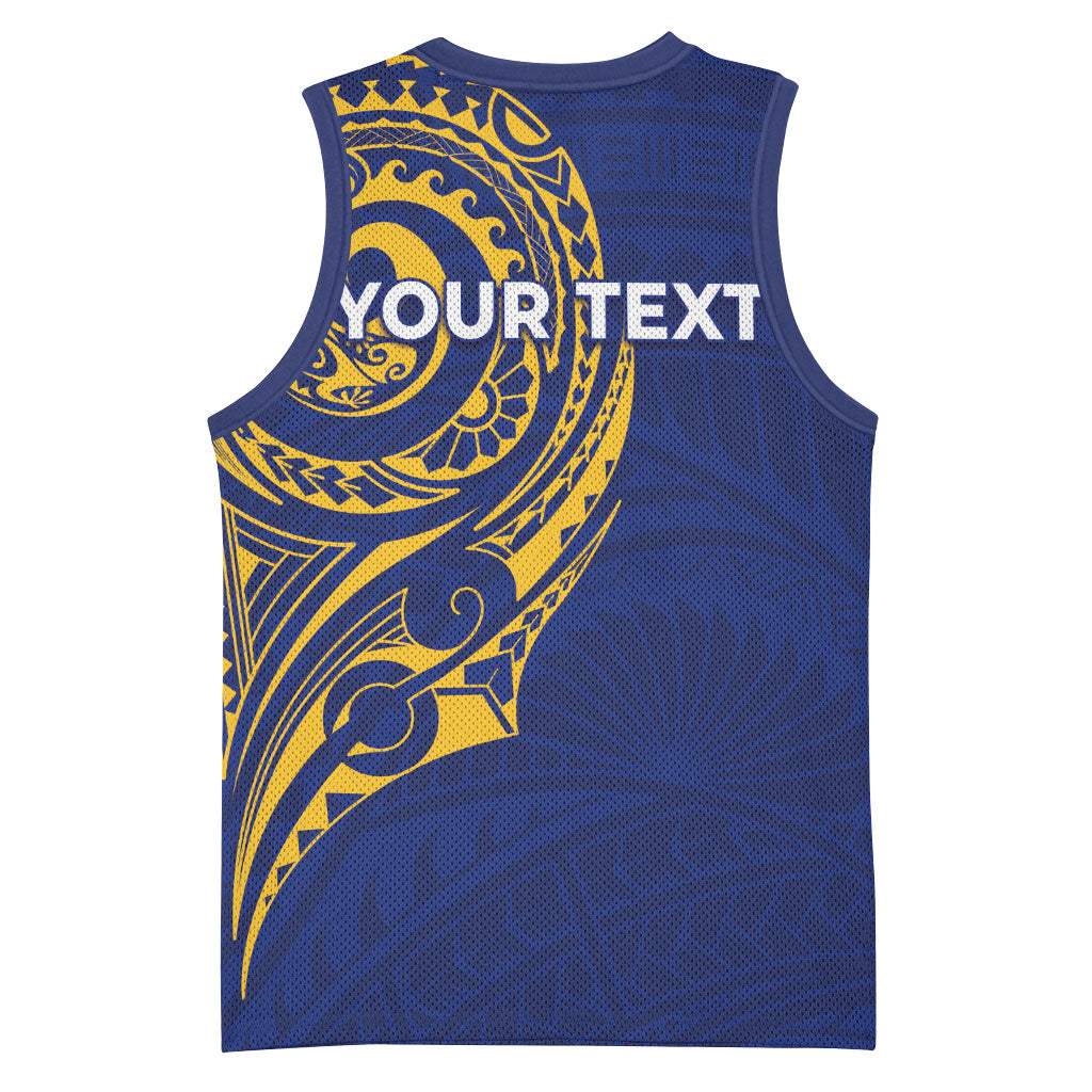 Personalised Nauru Angam Day Basketball Jersey Gold Navy Tribal Pattern