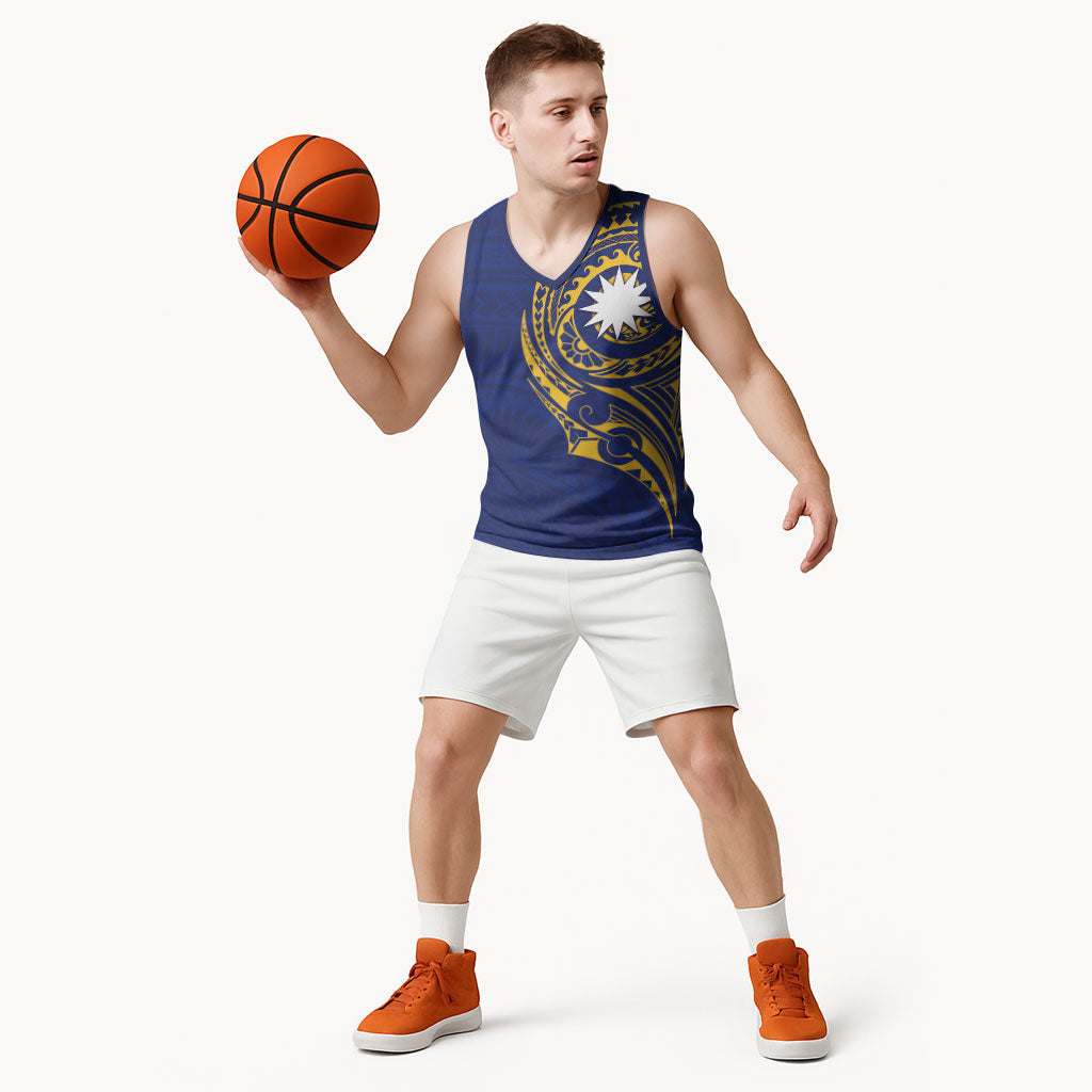 Personalised Nauru Angam Day Basketball Jersey Gold Navy Tribal Pattern