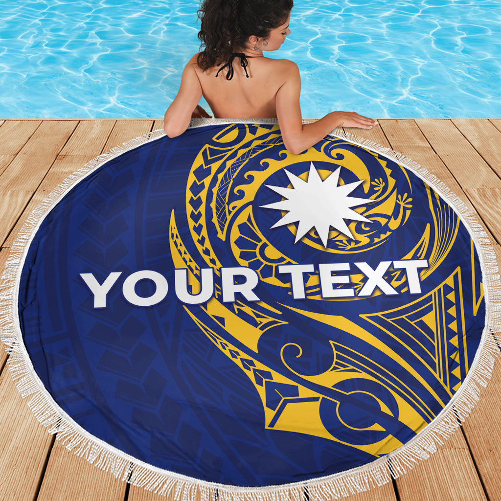 Personalised Nauru Angam Day Beach Blanket Gold Navy Tribal Pattern