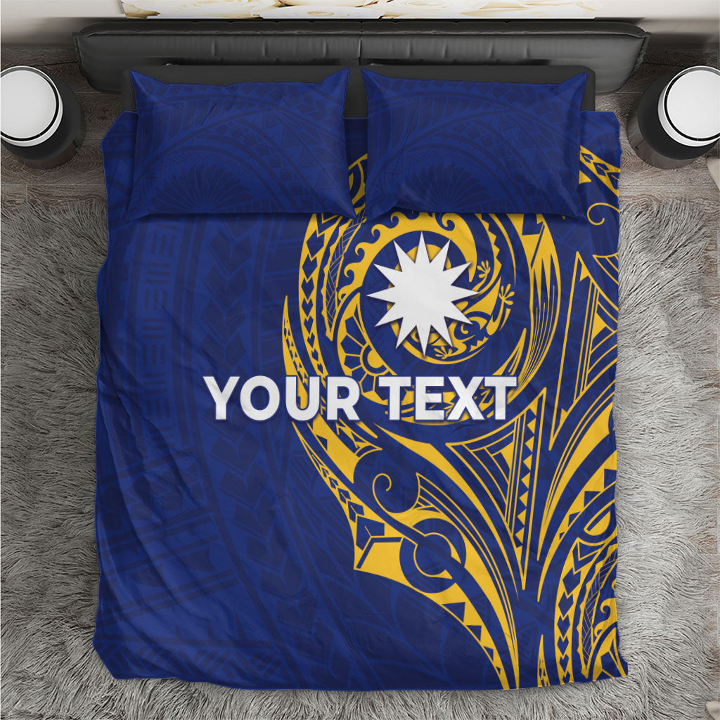 Personalised Nauru Angam Day Bedding Set Gold Navy Tribal Pattern
