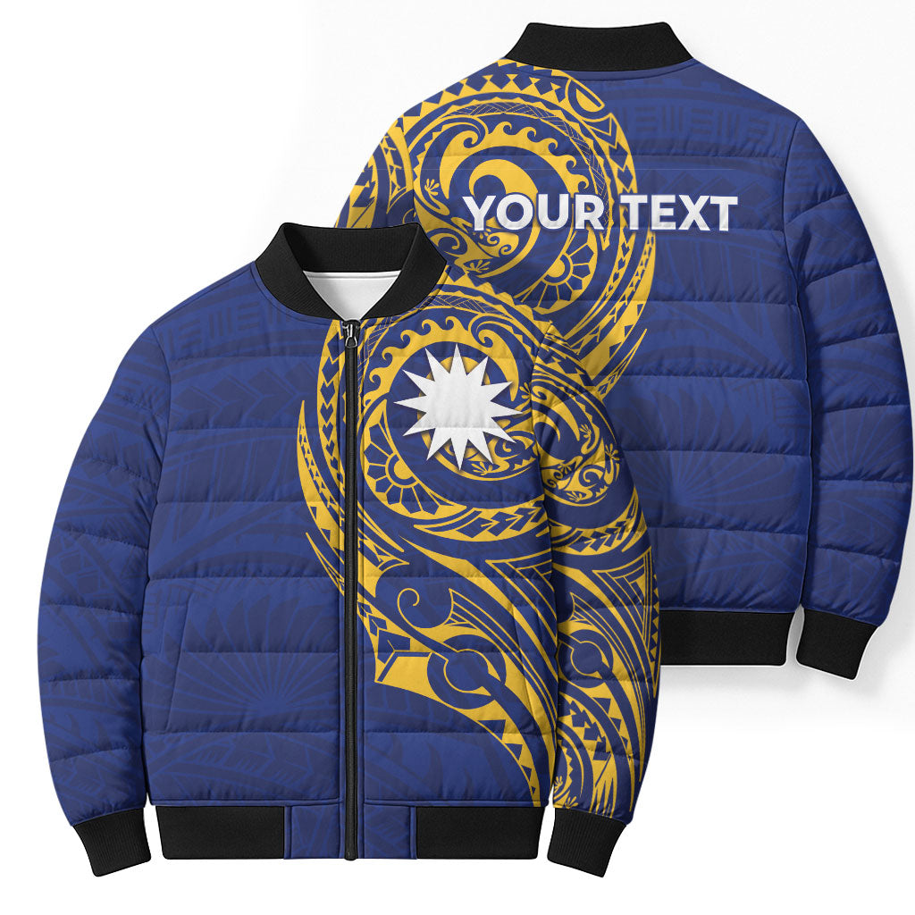 Personalised Nauru Angam Day Bomber Puffer Jacket Gold Navy Tribal Pattern