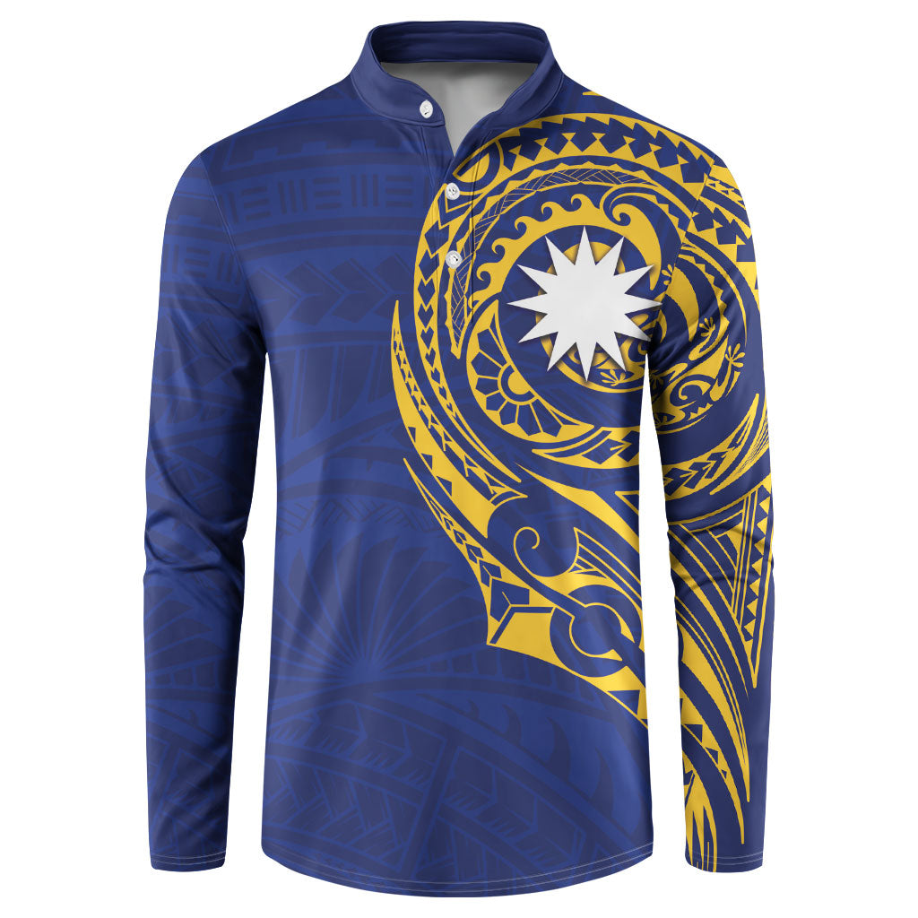 Personalised Nauru Angam Day Button Sweatshirt Gold Navy Tribal Pattern