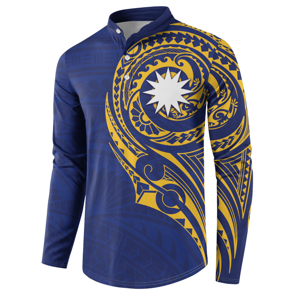 Personalised Nauru Angam Day Button Sweatshirt Gold Navy Tribal Pattern