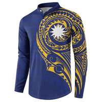 Personalised Nauru Angam Day Button Sweatshirt Gold Navy Tribal Pattern