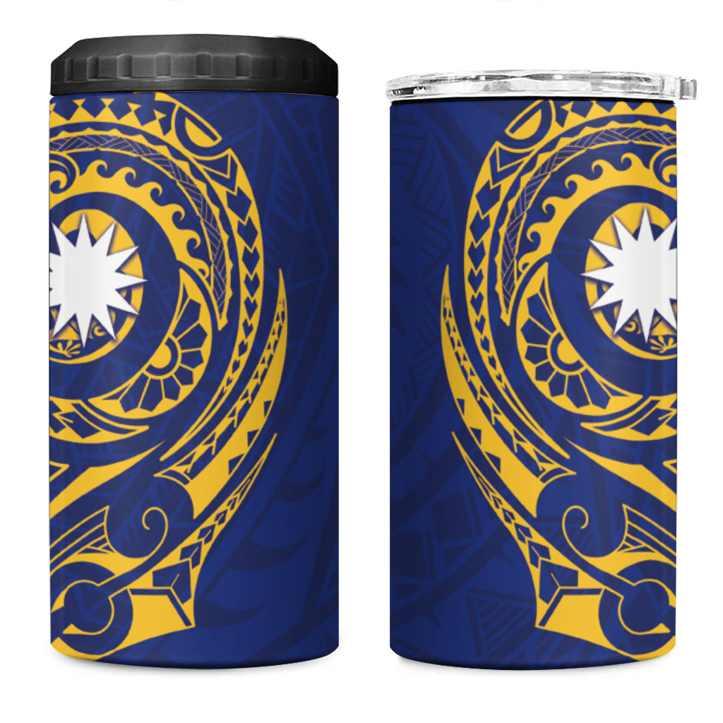 Personalised Nauru Angam Day 4 in 1 Can Cooler Tumbler Gold Navy Tribal Pattern