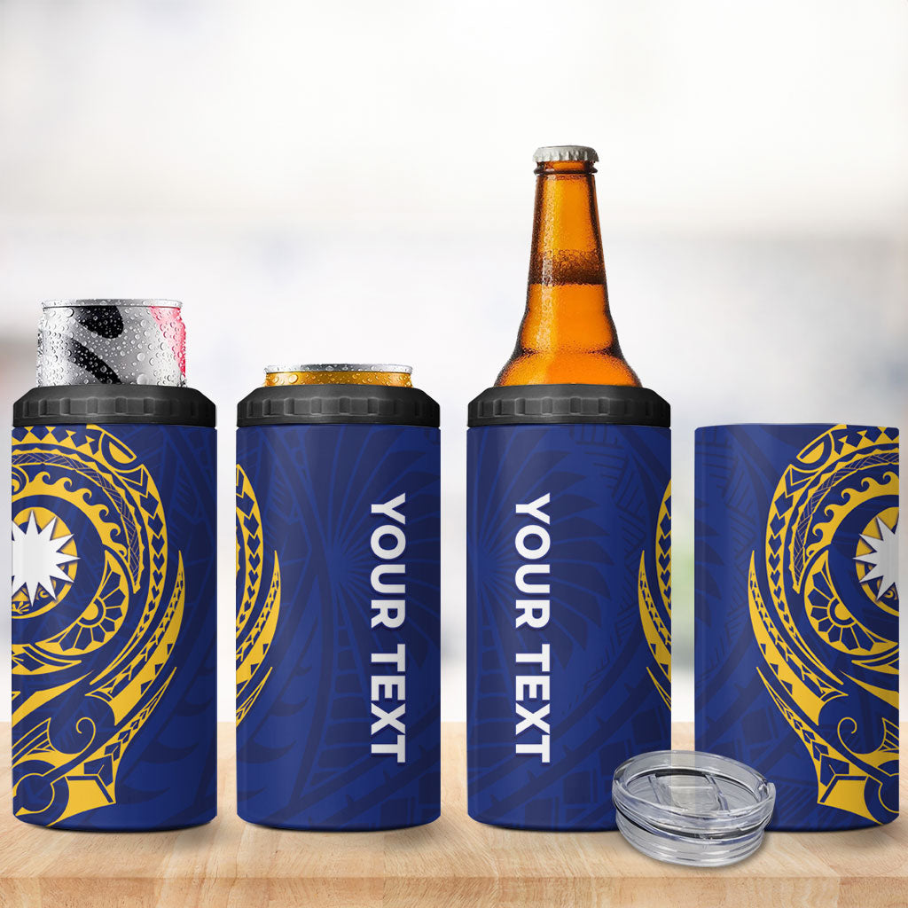 Personalised Nauru Angam Day 4 in 1 Can Cooler Tumbler Gold Navy Tribal Pattern