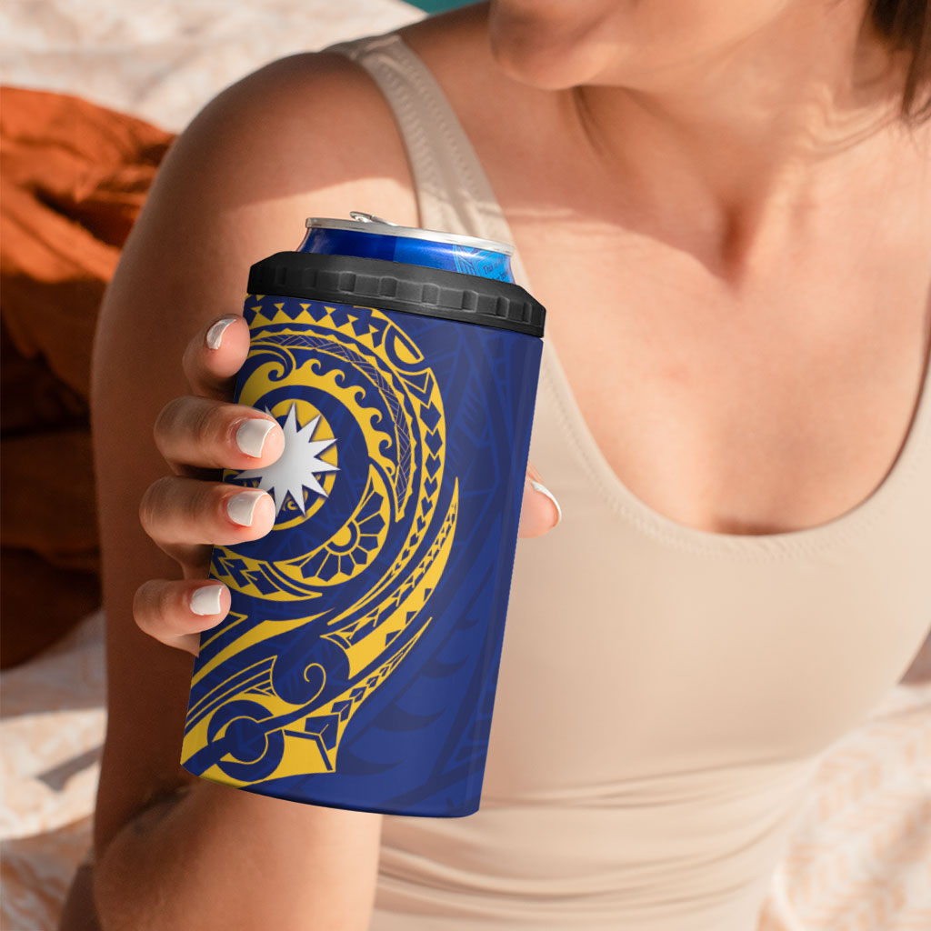 Personalised Nauru Angam Day 4 in 1 Can Cooler Tumbler Gold Navy Tribal Pattern
