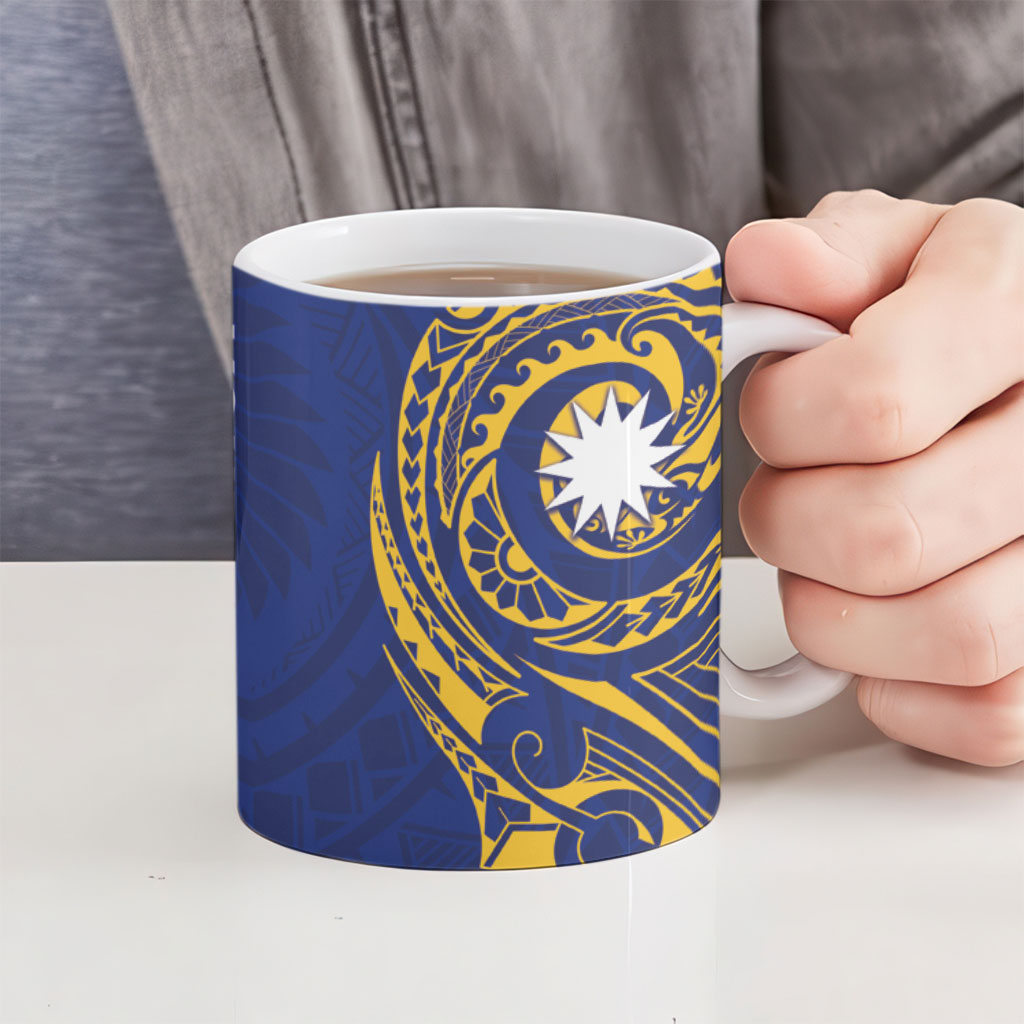 Personalised Nauru Angam Day Ceramic Mug Gold Navy Tribal Pattern