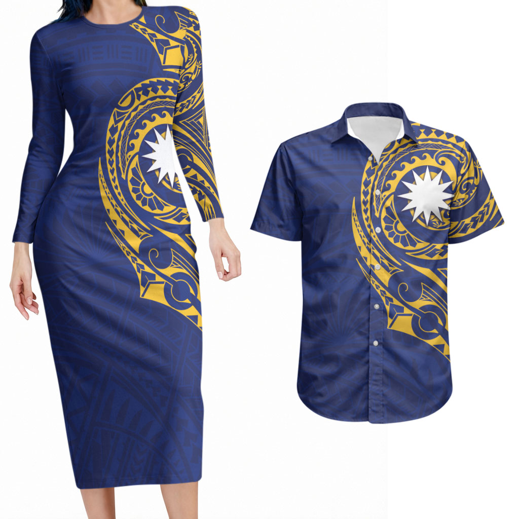 Personalised Nauru Angam Day Couples Matching Long Sleeve Bodycon Dress and Hawaiian Shirt Gold Navy Tribal Pattern