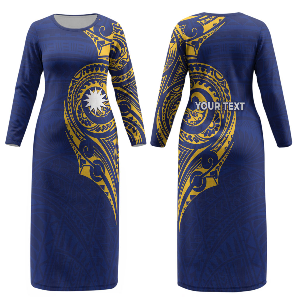 Personalised Nauru Angam Day Couples Matching Long Sleeve Bodycon Dress and Hawaiian Shirt Gold Navy Tribal Pattern