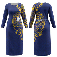 Personalised Nauru Angam Day Couples Matching Long Sleeve Bodycon Dress and Hawaiian Shirt Gold Navy Tribal Pattern