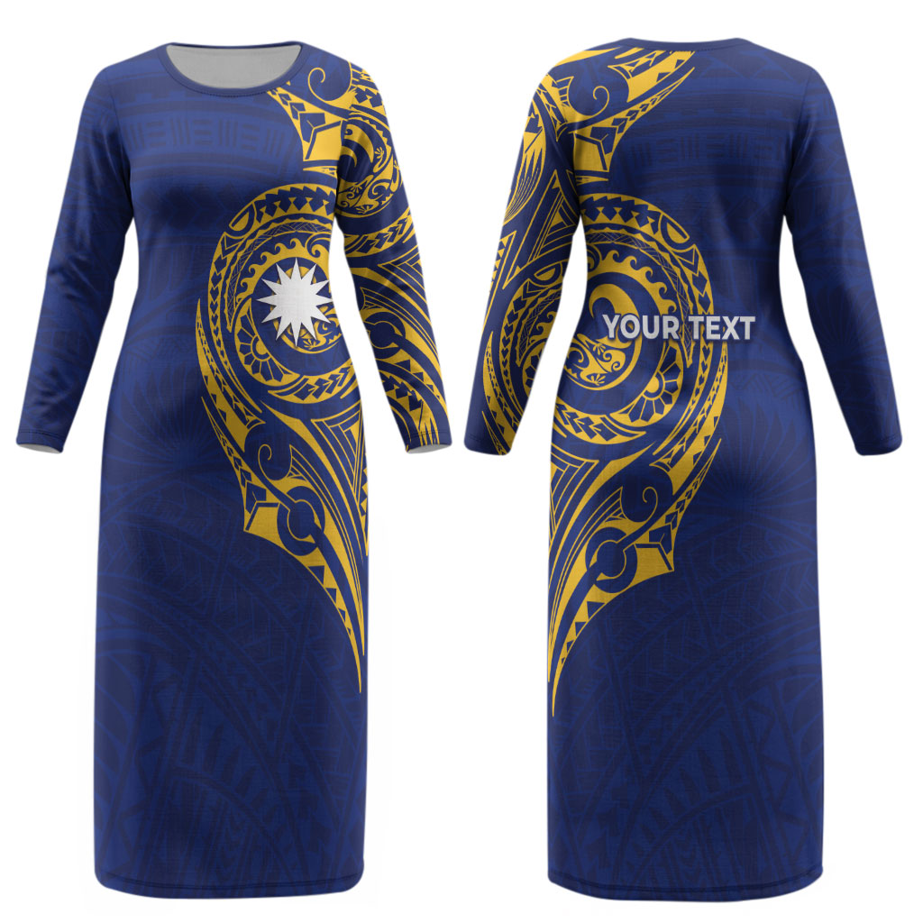 Personalised Nauru Angam Day Couples Matching Long Sleeve Bodycon Dress and Long Sleeve Button Shirt Gold Navy Tribal Pattern