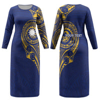 Personalised Nauru Angam Day Couples Matching Long Sleeve Bodycon Dress and Long Sleeve Button Shirt Gold Navy Tribal Pattern