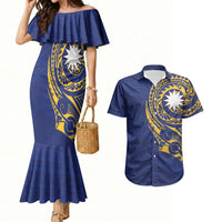 Personalised Nauru Angam Day Couples Matching Mermaid Dress and Hawaiian Shirt Gold Navy Tribal Pattern