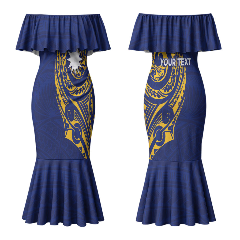 Personalised Nauru Angam Day Couples Matching Mermaid Dress and Hawaiian Shirt Gold Navy Tribal Pattern