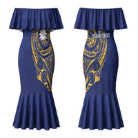 Personalised Nauru Angam Day Couples Matching Mermaid Dress and Long Sleeve Button Shirt Gold Navy Tribal Pattern