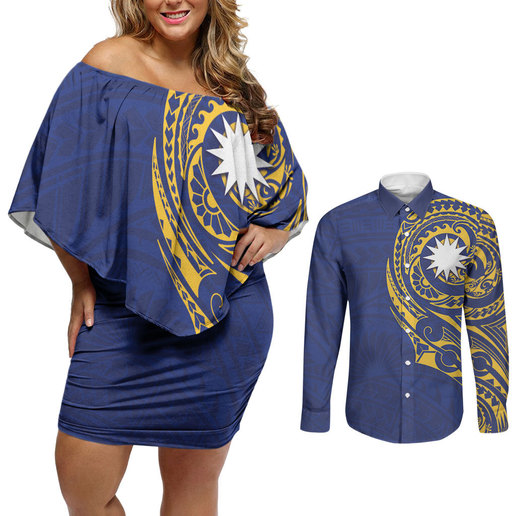 Personalised Nauru Angam Day Couples Matching Off Shoulder Short Dress and Long Sleeve Button Shirt Gold Navy Tribal Pattern