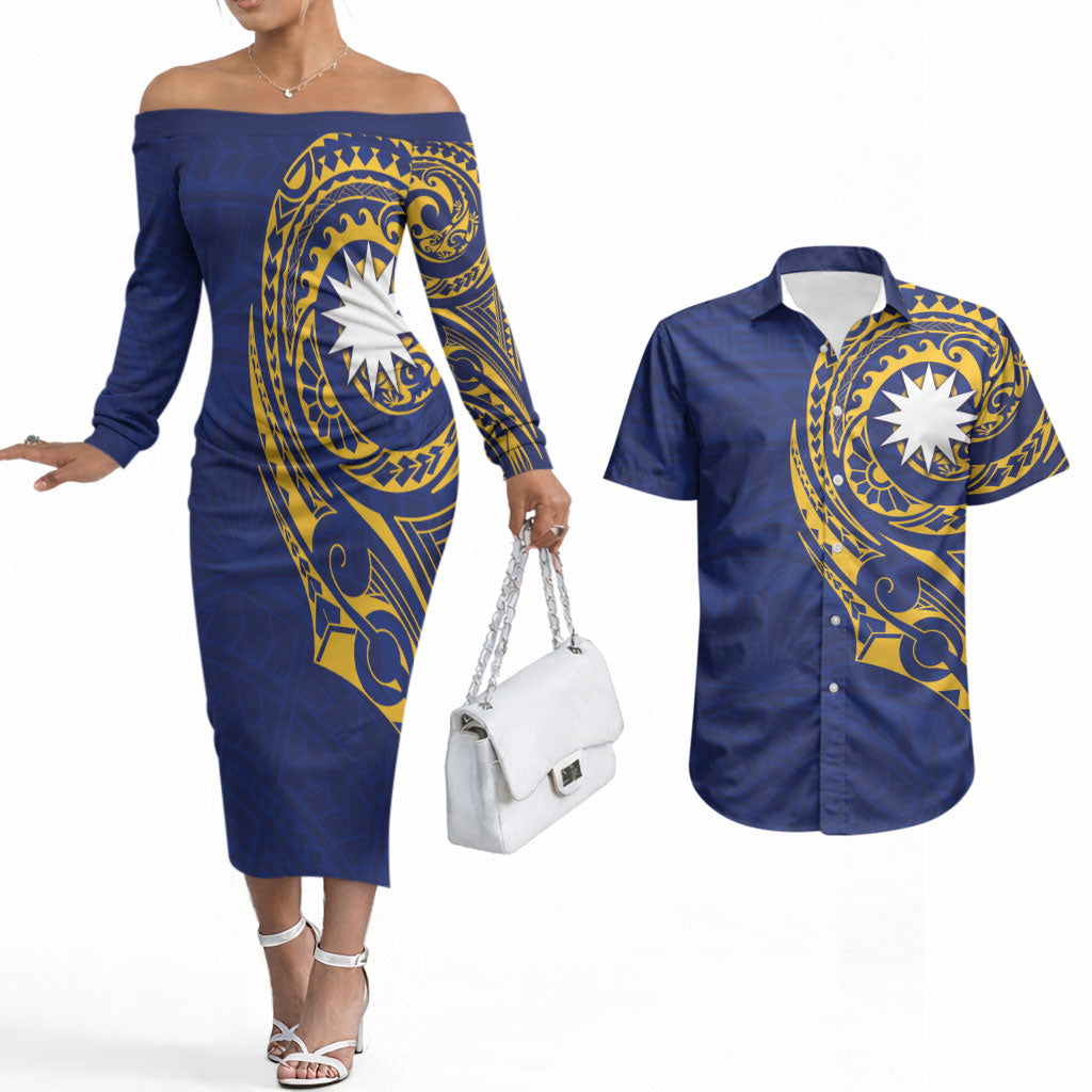 Personalised Nauru Angam Day Couples Matching Off The Shoulder Long Sleeve Dress and Hawaiian Shirt Gold Navy Tribal Pattern