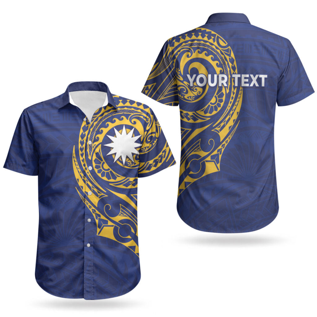 Personalised Nauru Angam Day Couples Matching Off The Shoulder Long Sleeve Dress and Hawaiian Shirt Gold Navy Tribal Pattern