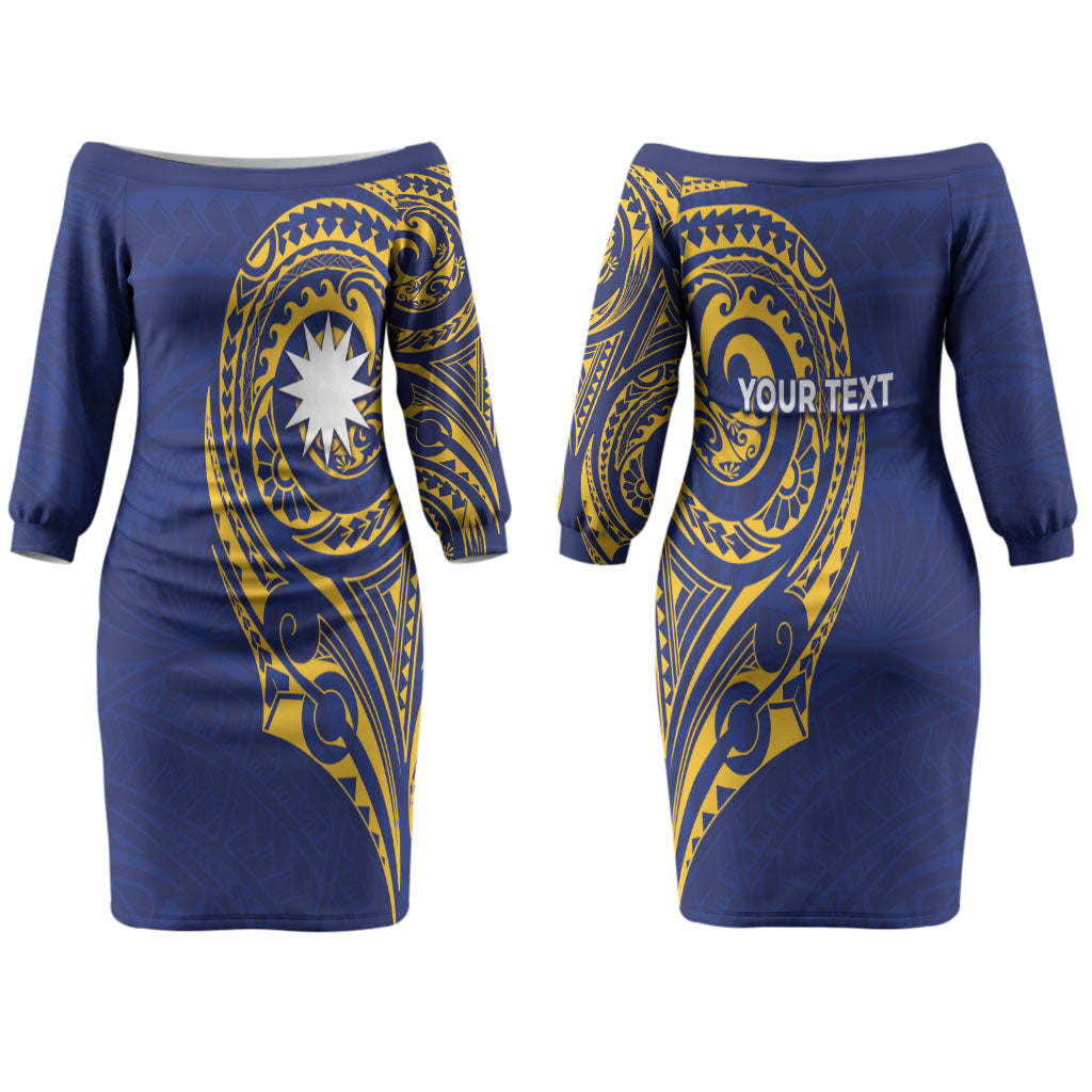 Personalised Nauru Angam Day Couples Matching Off The Shoulder Long Sleeve Dress and Hawaiian Shirt Gold Navy Tribal Pattern
