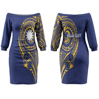 Personalised Nauru Angam Day Couples Matching Off The Shoulder Long Sleeve Dress and Long Sleeve Button Shirt Gold Navy Tribal Pattern