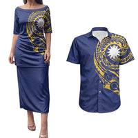 Personalised Nauru Angam Day Couples Matching Puletasi and Hawaiian Shirt Gold Navy Tribal Pattern