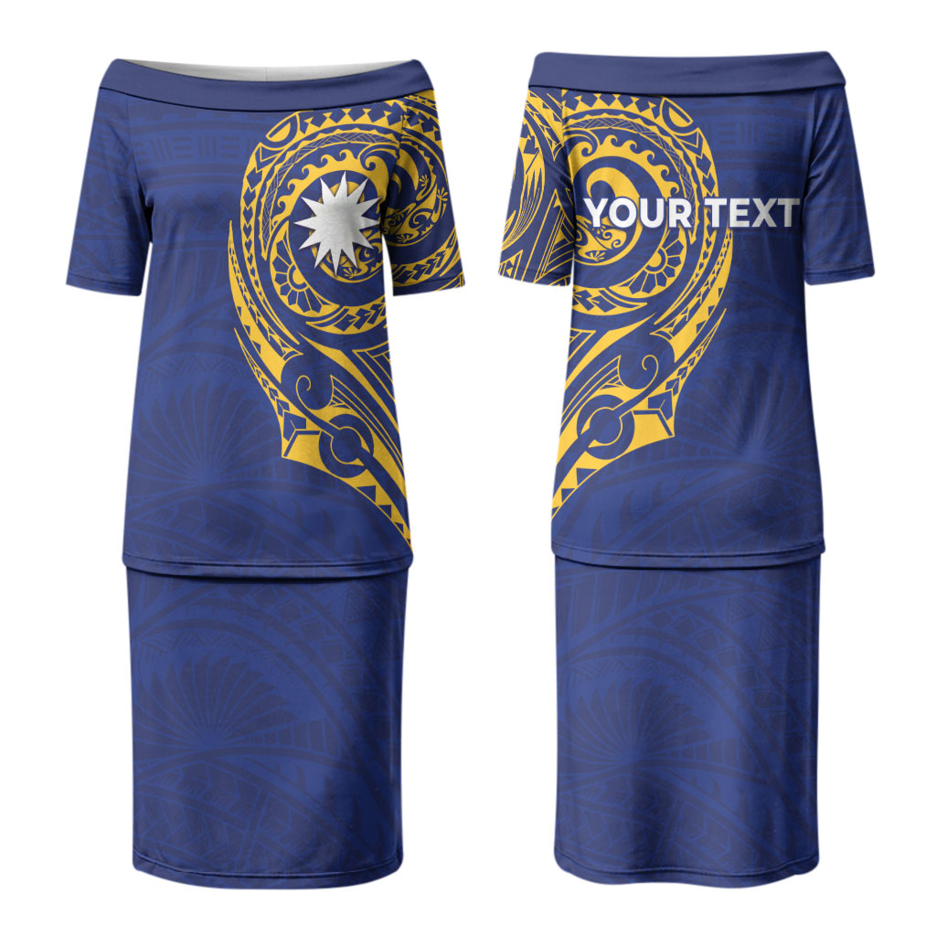Personalised Nauru Angam Day Couples Matching Puletasi and Hawaiian Shirt Gold Navy Tribal Pattern