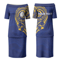 Personalised Nauru Angam Day Couples Matching Puletasi and Long Sleeve Button Shirt Gold Navy Tribal Pattern