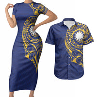 Personalised Nauru Angam Day Couples Matching Short Sleeve Bodycon Dress and Hawaiian Shirt Gold Navy Tribal Pattern