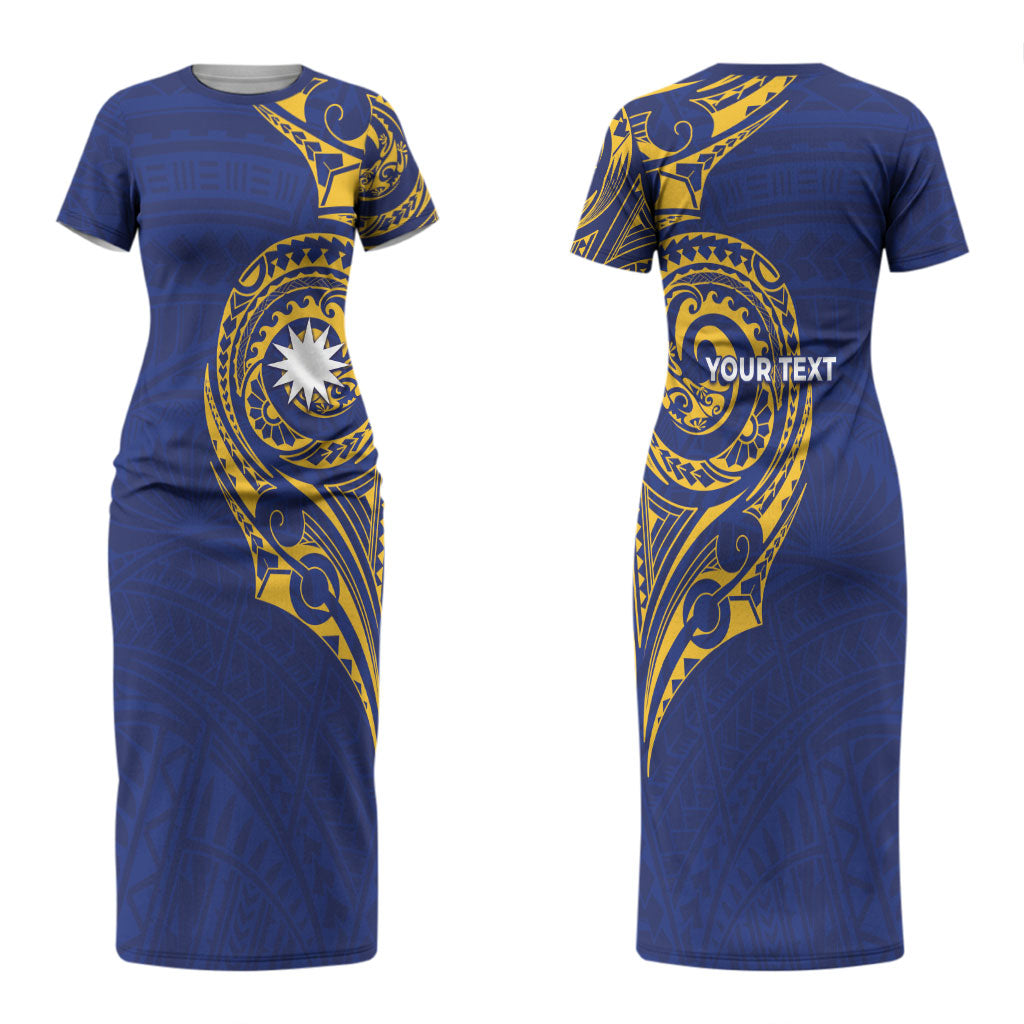 Personalised Nauru Angam Day Couples Matching Short Sleeve Bodycon Dress and Hawaiian Shirt Gold Navy Tribal Pattern