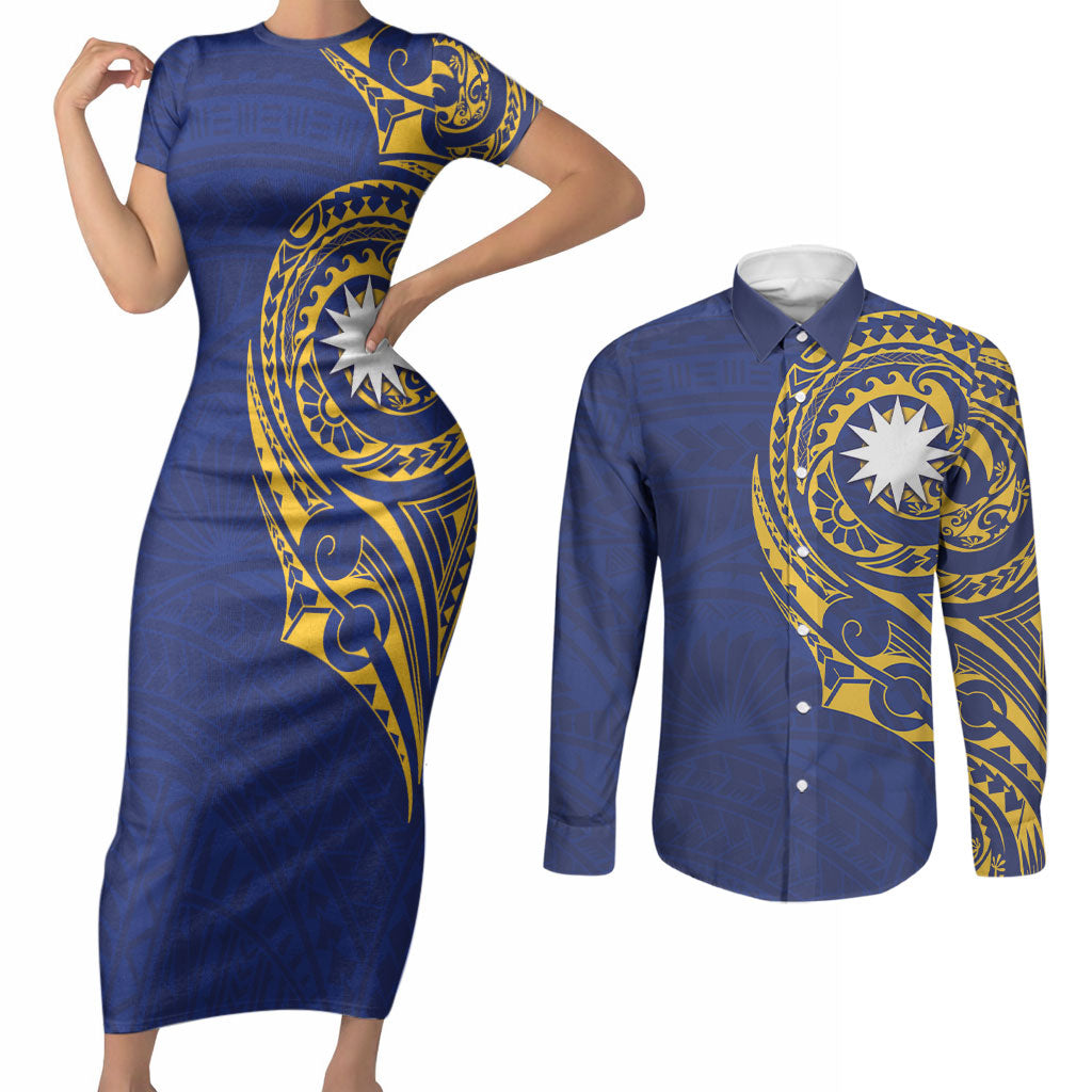 Personalised Nauru Angam Day Couples Matching Short Sleeve Bodycon Dress and Long Sleeve Button Shirt Gold Navy Tribal Pattern