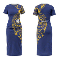 Personalised Nauru Angam Day Couples Matching Short Sleeve Bodycon Dress and Long Sleeve Button Shirt Gold Navy Tribal Pattern