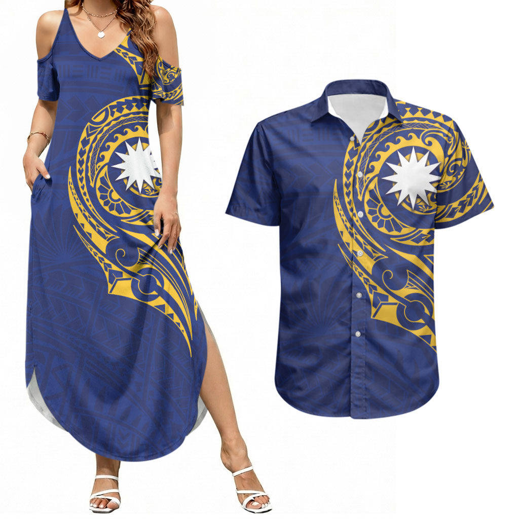 Personalised Nauru Angam Day Couples Matching Summer Maxi Dress and Hawaiian Shirt Gold Navy Tribal Pattern