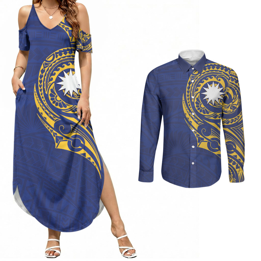Personalised Nauru Angam Day Couples Matching Summer Maxi Dress and Long Sleeve Button Shirt Gold Navy Tribal Pattern