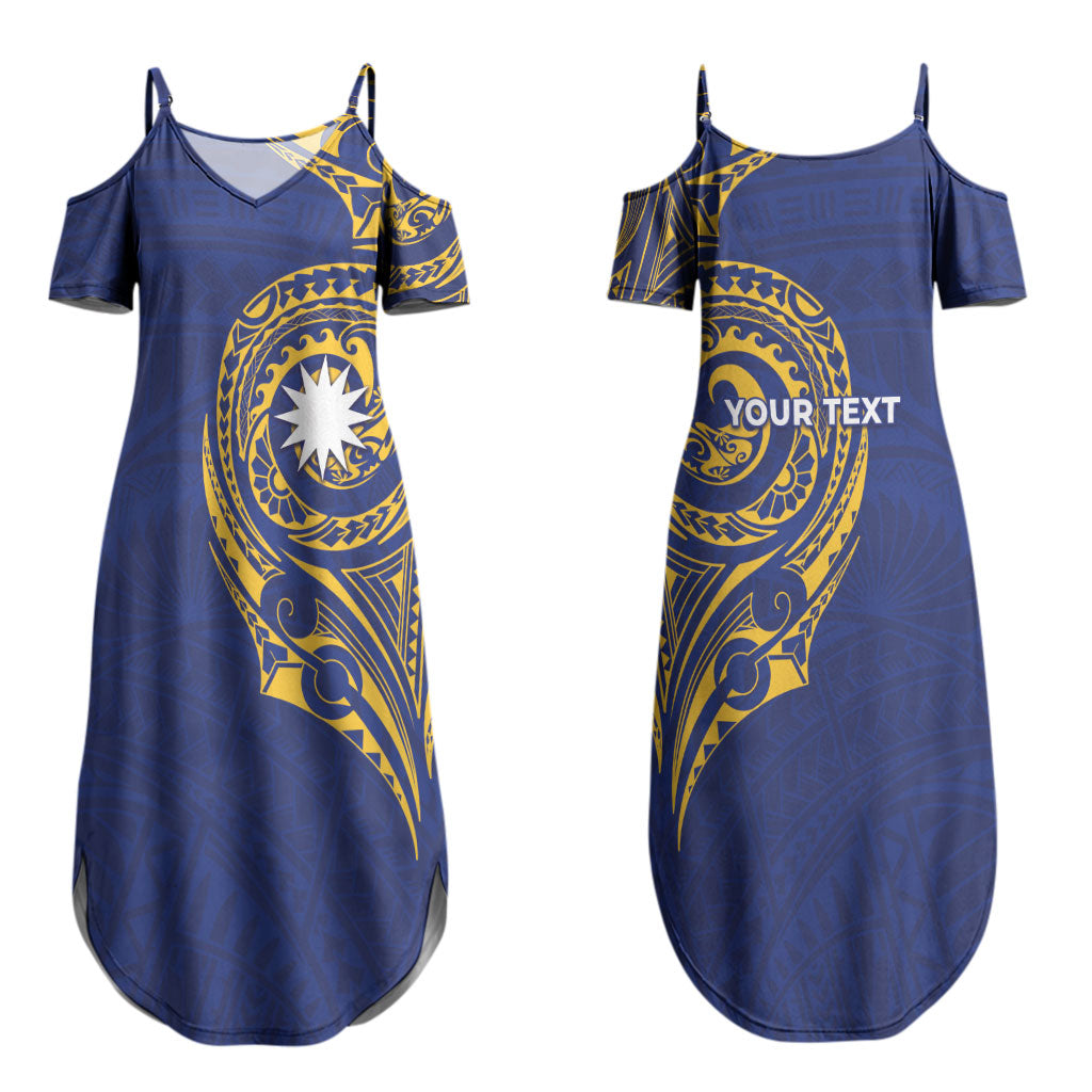 Personalised Nauru Angam Day Couples Matching Summer Maxi Dress and Long Sleeve Button Shirt Gold Navy Tribal Pattern