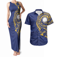 Personalised Nauru Angam Day Couples Matching Tank Maxi Dress and Hawaiian Shirt Gold Navy Tribal Pattern