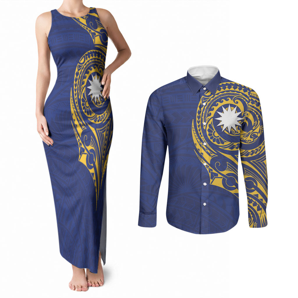Personalised Nauru Angam Day Couples Matching Tank Maxi Dress and Long Sleeve Button Shirt Gold Navy Tribal Pattern