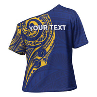 Personalised Nauru Angam Day Cross Shoulder Shirt Gold Navy Tribal Pattern